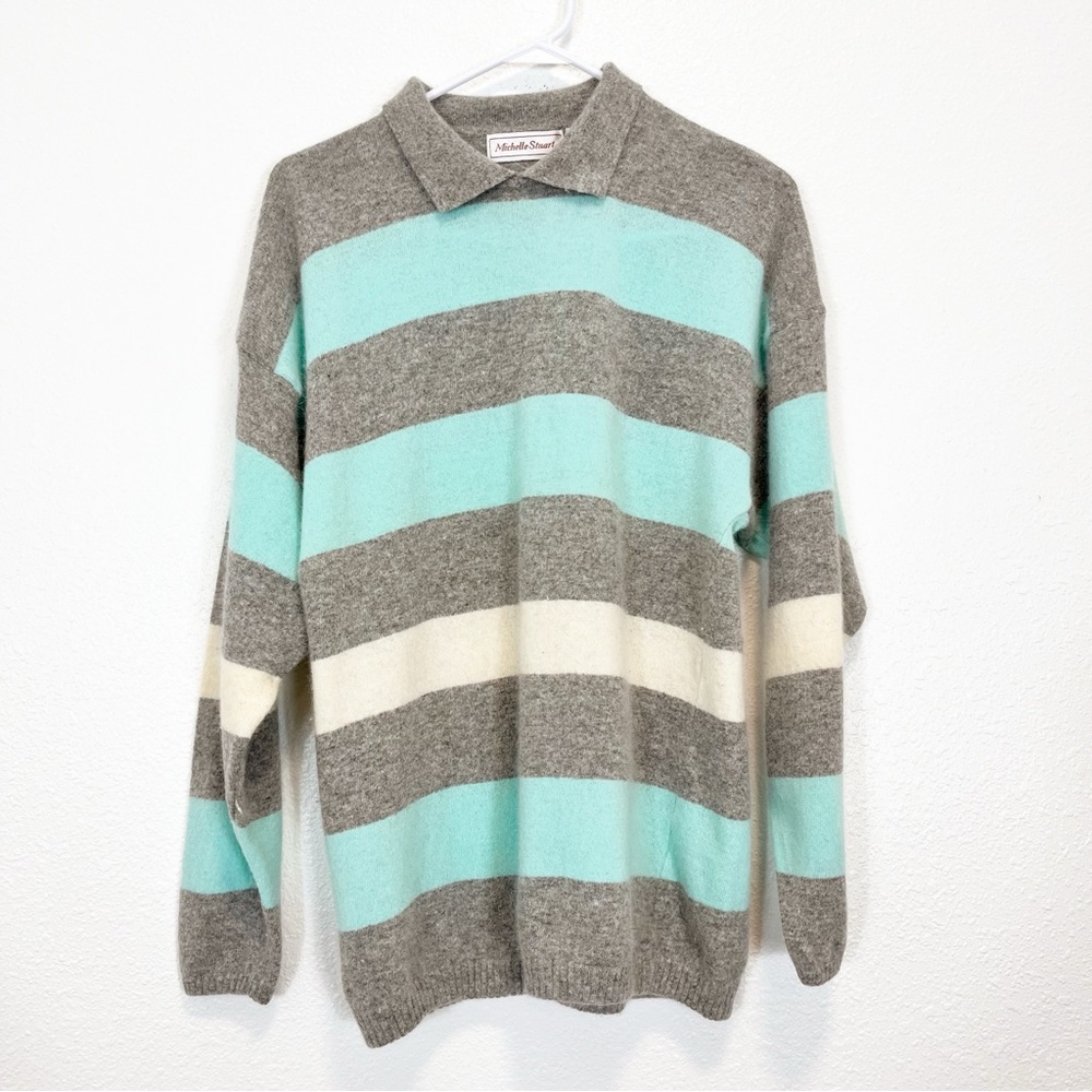 VTG Michelle Stuart Sweater Lambswool Angora Rabbit Hair Green White Gray L